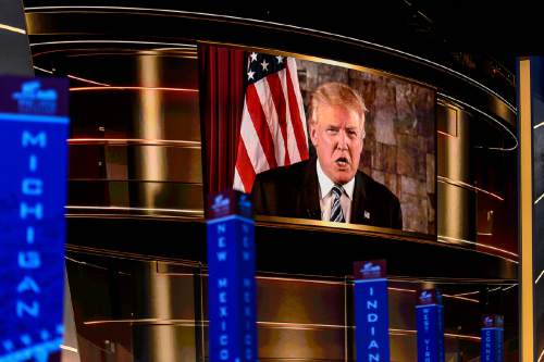 Trent Nelson  |  The Salt Lake Tribune
Donald Trump speaks via a video from Trump Tower at the 2016 Republican National Convention in Cleveland, OH, Tuesday July 19, 2016.
