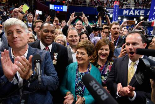 Trent Nelson  |  The Salt Lake Tribune
Utah delegation votes in the roll call of the states to pick the Republican nominee at the 2016 Republican National Convention in Cleveland,  Tuesday July 19, 2016. Left to right are Phill Wright, James Evans, Gov. Gary Herbert, Jeanette Herbert, Sharon Lee and Sen. Mike Lee.