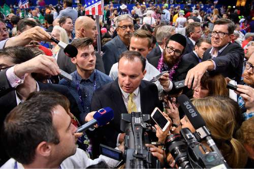 Trent Nelson  |  The Salt Lake Tribune
Sen. Mike Lee is interviewed after the Utah delegation voted for Sen. Ted Cruz in the roll call of the states to pick the Republican nominee at the 2016 Republican National Convention in Cleveland,  Tuesday July 19, 2016.