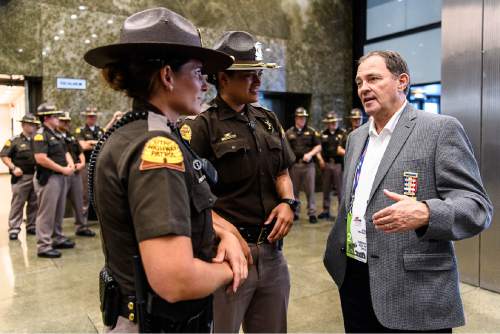 Trent Nelson  |  The Salt Lake Tribune
Utah Gov. Gary Herbert meets with Utah Highway Patrol troopers working  crowd control at the 2016 Republican National Convention in Cleveland,  Tuesday July 19, 2016. At left isTrooper Crystal Wallis, center isTrooper Jennifer Faumuina.