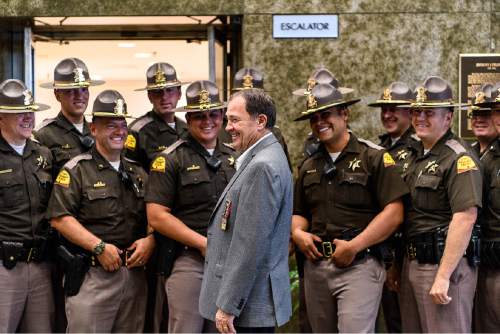Trent Nelson  |  The Salt Lake Tribune
Utah Gov. Gary Herbert chats with Utah Highway Patrol troopers working crowd control at the 2016 Republican National Convention, at the Federal Building in Cleveland, Tuesday July 19, 2016.