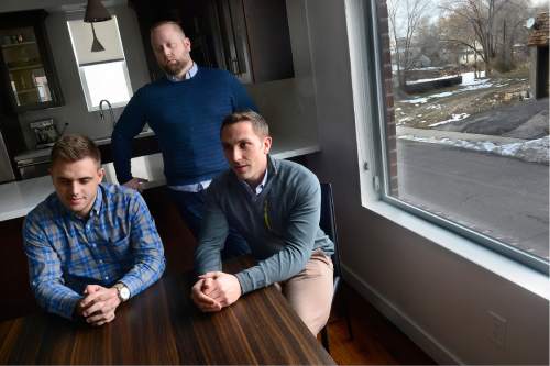 Scott Sommerdorf   |  The Salt Lake Tribune
Maxwell Christen, left, Taylor Lamont, and Rusty Andrade, right, pose for a photo, Saturday, January 9, 2016. They were attacked December 21, 2014 in a crime that is being investigated as a hate crime.