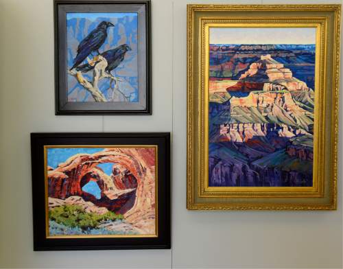 Scott Sommerdorf   |  The Salt Lake Tribune  
A grouping of some of artist Ron Larson's work in his new "Vistas and Visions of the Colorado Plateau" show opening at the George S. & Dolores Dore Eccles Art Gallery at SLCC.