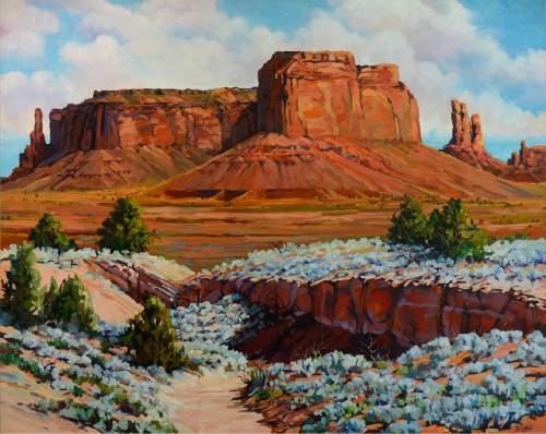 Scott Sommerdorf   |  The Salt Lake Tribune  
This Monument Valley view, painted by artist Ron Larson, is one of the works in his new "Vistas and Visions of the Colorado Plateau" show opening at the George S. & Dolores Dore Eccles Art Gallery at SLCC.