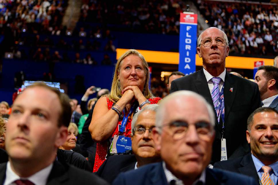 Trent Nelson  |  The Salt Lake Tribune
New York delegates look for Senator Ted Cruz to endorse Donald Trump as he speaks at the 2016 Republican National Convention in Cleveland, OH, Wednesday July 20, 2016. Cruz faced a loud reaction when he did not endorse Donald Trump.