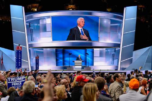 Trent Nelson  |  The Salt Lake Tribune
Vice Presidential nominee Mike Pence speaks at the 2016 Republican National Convention in Cleveland, OH, Wednesday July 20, 2016.