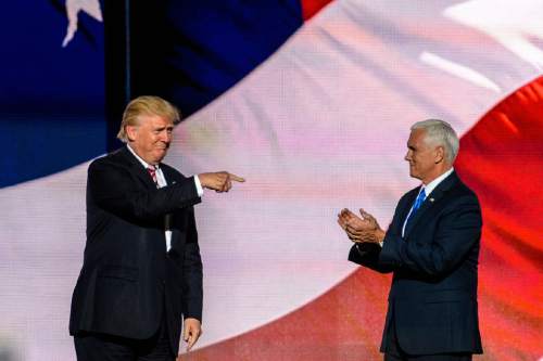 Trent Nelson  |  The Salt Lake Tribune
Donald Trump points at Vice Presidential nominee Mike Pence after Pence's speach at the 2016 Republican National Convention in Cleveland, OH, Wednesday July 20, 2016.