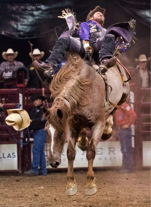 Rick Egan  |  The Salt Lake Tribune

Tilden Hooper, Carthage, TX, rides in the Bareback competition, in the Days of 47 Rodeo, at Vivint Smart Home Arena, Saturday, July 23, 2016.