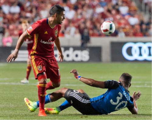 Michael Mangum  |  Special to the Tribune

Real Salt Lake midfielder Javier Morales (11) and San Jose midfielder Anibal Godoy (30) jostle for possession during their MLS match at Rio Tinto Stadium in Sandy, Utah on Friday, July 22nd, 2016.