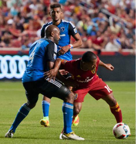 Michael Mangum  |  Special to the Tribune

Real Salt Lake forward Joao Plata (10) tries to dribble around San Jose defender Marvell Wynne (4) during the second half of their MLS match at Rio Tinto Stadium in Sandy, Utah on Friday, July 22nd, 2016. The match ended in a 1-1 draw.