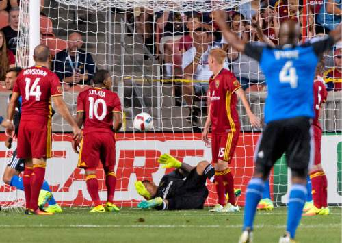 Michael Mangum  |  Special to the Tribune

The ball flies into Real Salt Lake goalkeeper Nick Rimando's net following a San Jose Earthquakes corner kick during their MLS match at Rio Tinto Stadium in Sandy, Utah on Friday, July 22nd, 2016.