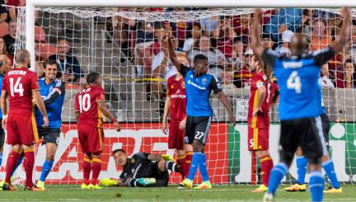 Michael Mangum  |  Special to the Tribune

The ball flies into Real Salt Lake goalkeeper Nick Rimando's net following a San Jose Earthquakes corner kick during their MLS match at Rio Tinto Stadium in Sandy, Utah on Friday, July 22nd, 2016.