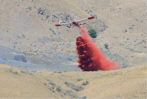 Scott Sommerdorf   |  The Salt Lake Tribune  
Aerial units drop fire retardant on hotspots just on the other side of the road from the historic Fielding Garr Ranch on Antelope Island, Saturday, July 23, 2016.