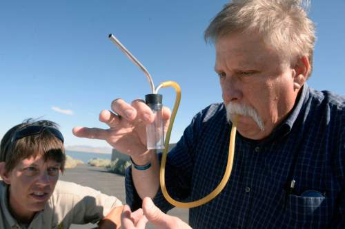 Al Hartmann  |  The Salt Lake Tribune 
Wendy Wilson, Assistant Park Manager at Antelope Island State Park looks on with concern or incredulity as Tribune's Robert Kirby tries to get the hang of sucking up tiny spiders with a medical aspirator device during a spider hunt.  Kirby calls it the "spider bong."  The first attempt sucking up spiders he used the wrong end of the "spider bong" and one ended up in his mouth.  Good thing it wasn't the poisonous kind.  He actually got one here in the container instead of his mouth.    The fourth-annual SpiderFest at Antelope Island will be a chance to learn,and get up close and personal with some arachnids.