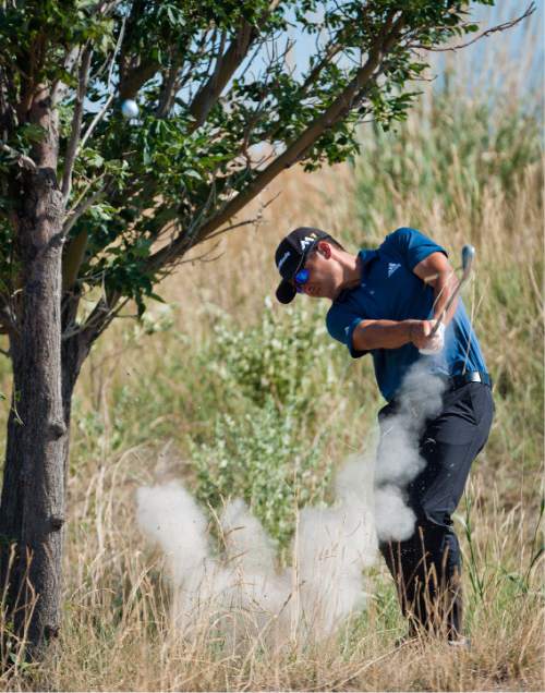 Michael Mangum  |  Special to the Tribune

Xander Schauffele hits his approach shot from the dirt during the Web.com Tour's Utah Championship tournament at Thanksgiving Point  in Lehi, Utah on Sunday, July 24th, 2016. Schauffele finished the tournament in third place with a final score of -12.