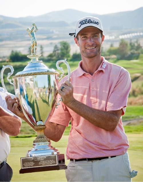 Michael Mangum  |  Special to the Tribune

Nicholas Lindheim lifts the Billy Casper Cup trophy after his victory at the Web.com Tour's Utah Championship tournament at Thanksgiving Point in Lehi, Utah on Sunday, July 24th, 2016. Lindheim won with a final score of -15.