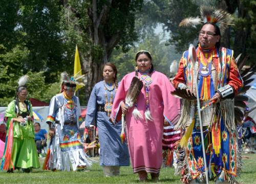 Al Hartmann  |  The Salt Lake Tribune 
Dancers take part in an intertribal social dance at the annual Native American Celebration at Liberty Park July 25.