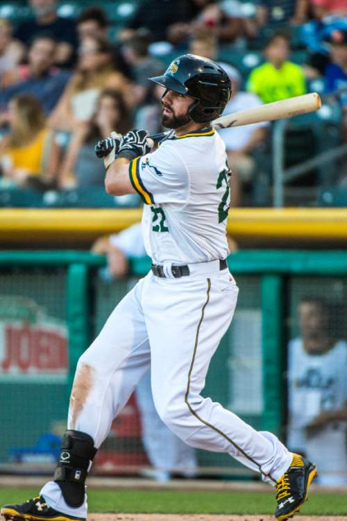 Chris Detrick  |  The Salt Lake Tribune
Salt Lake Bees third baseman Kaleb Cowart (22) hits a double during the game against El Paso Chihuahuas at Smith's Ballpark Friday July 8, 2016.