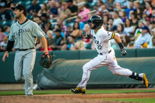 Chris Detrick  |  The Salt Lake Tribune
Salt Lake Bees third baseman Kaleb Cowart (22) runs the bases after hitting a double during the game against El Paso Chihuahuas at Smith's Ballpark Friday July 8, 2016.