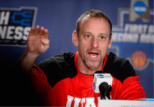 Scott Sommerdorf   |  The Salt Lake Tribune  
Utah head coach Larry Krystkowiak answers a question about the progress of his program at Utah during the post-practice press conference in Denver, Thursday, March 17, 2016.