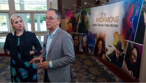 Steve Griffin  |  The Salt Lake Tribune
Narrator Jenna Kim Jones and director Blair Treu talk about the new movie "Meet the Mormons: New Faces, New Stories" at the Joseph Smith Memorial Building in Salt Lake City on Thursday.