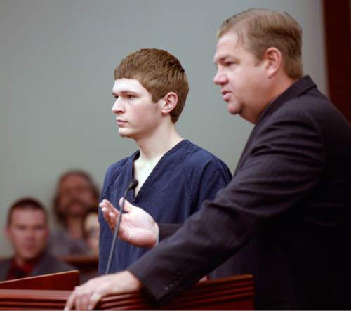 Al Hartmann  |  The Salt Lake Tribune
Darwin Christopher Bagshaw, now 18, attends a disposition hearing before 3rd District Judge James Blanch in Salt Lake City Friday July 31 with his defense lawyer Christopher Bown.   A jury trial date was set for the end of the year. 
The teen is accused of killing his 15-year-old girlfriend, Anne Kasprzak, in March 2012, when he was 14.
Bagshaw was originally charged as a juvenile, but a juvenile court judge in April transferred it to adult court.