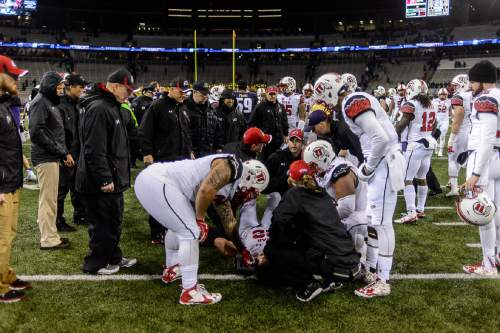 Trent Nelson  |  The Salt Lake Tribune
Staff gather around Utah Utes quarterback Chase Hansen (22), who was injured on the last play of the game, as the University of Utah faces the University of Washington, NCAA football at Husky Stadium in Seattle, Saturday November 7, 2015.