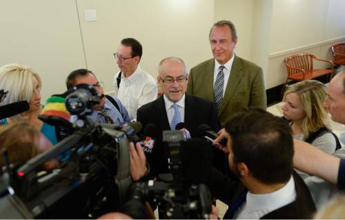 Francisco Kjolseth | The Salt Lake Tribune
Defense attorney Richard Van Wagoner addresses the media following former Utah Attorney General Mark Shurtleff's appearance in court, facing public corruption charges on Monday, Sept. 28, 2015, for a pre-trial hearing.