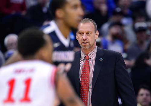 Scott Sommerdorf   |  The Salt Lake Tribune  
Utah head coach Larry Krystkowiak watches the offense during a cold spell late in the first half. Gonzaga held a 44-29 lead over Utah at the half, Saturday, March 19, 2016.