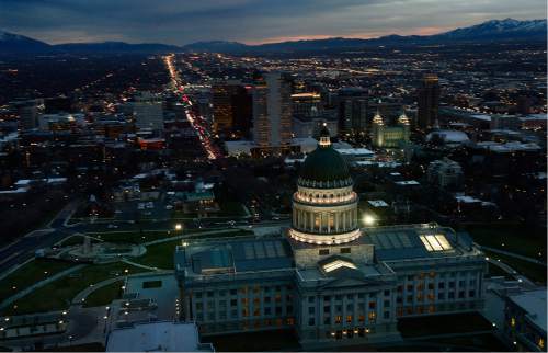 Scott Sommerdorf   |  The Salt Lake Tribune  
A look at the Utah State Capitol from a Utah Highway Patrol helicopter, Friday, March 11, 2016.
