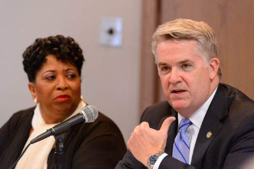 Trent Nelson  |  The Salt Lake Tribune
John Huber, US Attorney, at the Hate Crimes Round Table Discussion, hosted by NAACP and MLK Commission in Salt Lake City, Thursday August 4, 2016. At left is Jeanetta Williams of the NAACP Salt Lake Branch.