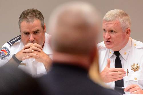 Trent Nelson  |  The Salt Lake Tribune
Lee Russo, West Valley City police chief (left), and John King, Provo Police Chief (right), at the Hate Crimes Round Table Discussion, hosted by NAACP and MLK Commission in Salt Lake City, Thursday August 4, 2016.