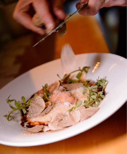 Trent Nelson  |  The Salt Lake Tribune
Summer truffles are sliced onto the risotto at HSL, in Salt Lake City.