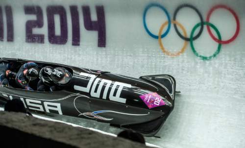 KRASNAYA POLYANA, RUSSIA  - JANUARY 22:
Night Train 2, piloted by Steven Holcomb and pushed by Chris Fogt, Curtis Tomasevicz, Steve Langton, compete in the four-man bobsled at Sanki Sliding Center during the 2014 Sochi Olympics Saturday February 22, 2014. They currently in fourth place with a time of 1:50.36. 
(Photo by Chris Detrick/The Salt Lake Tribune)