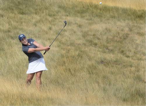 Scott Sommerdorf   |  The Salt Lake Tribune  
Kendra Dalton makes a save on her second shot from the rough on 15 as she wins the 2016 Utah Women's State Amateur golf tournament over Lea Garner - both of BYU - at Victory Ranch Golf Club in Francis, Friday, August 5, 2016.