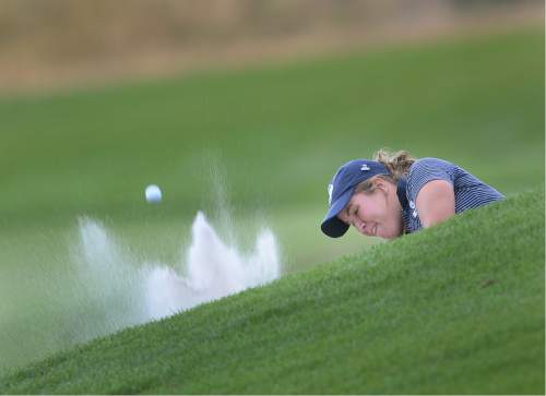 Scott Sommerdorf   |  The Salt Lake Tribune  
Kendra Dalton hits out of a fairway bunker on 13 on her way to winning the 2016 Utah Women's State Amateur golf tournament over Lea Garner - both of BYU - at Victory Ranch Golf Club in Francis, Friday, August 5, 2016.