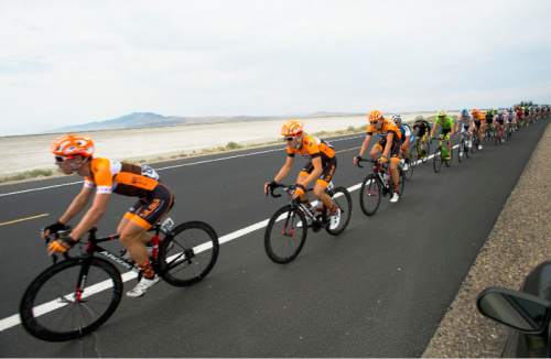 Steve Griffin / The Salt Lake Tribune

Riders in the peloton race across the causeway from Antelope Island during the start of stage 5 in the Tour of Utah bike race in Syracuse, Utah Friday August 5, 2016.