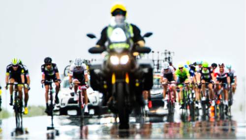 Steve Griffin / The Salt Lake Tribune

Heat waves envelop support motorcycles and the peloton as they cross the causeway from Antelope Island during the start of stage 5 in the Tour of Utah bike race in Syracuse, Utah Friday August 5, 2016.