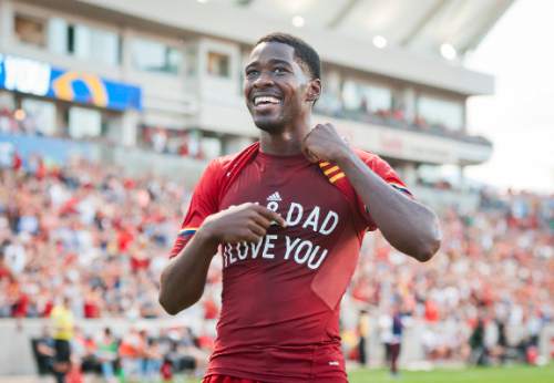 Michael Mangum  |  Special to the Tribune

Real Salt Lake forward Olmes Garcia (80) celebrates his first-half goal during their MLS match against the Chicago Fire at Rio Tinto Stadium in Sandy, Utah on Saturday, August 6th, 2016.