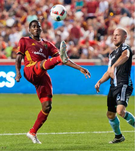 Michael Mangum  |  Special to the Tribune

Real Salt Lake forward Olmes Garcia (80) attempts to bring down the ball in front of Chicago Fire defender Eric Gehrig (6) during their MLS match at Rio Tinto Stadium in Sandy, Utah on Saturday, August 6th, 2016.