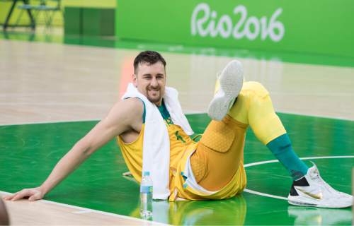 Rick Egan  |  The Salt Lake Tribune

Andrew Bogut (6) of Australia smiles as he stretches out after Australia defeated France  87-66, in Olympic Basketball action in Rio de Janeiro, Friday, August 5, 2016.