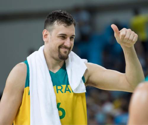 Rick Egan  |  The Salt Lake Tribune

Andrew Bogut (6) of Australia, reacts to fans, after Australia defeated France  87-66, in Olympic Basketball action in Rio de Janeiro, Friday, August 5, 2016.