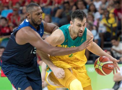 Rick Egan  |  The Salt Lake Tribune

Andrew Bogut (6) of Australia, tries to get by Boris Diaw (13) of France, in Olympic Basketball action in Rio de Janeiro, Friday, August 5, 2016.