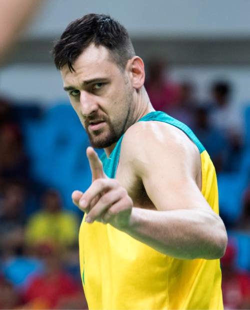 Rick Egan  |  The Salt Lake Tribune

Andrew Bogut (6) of Australia reacts to a call by the official, in Olympic Basketball action vs. France, in Rio de Janeiro, Friday, August 5, 2016.