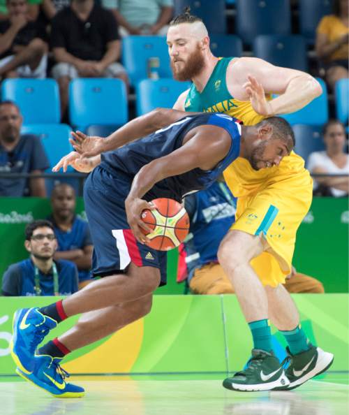 Rick Egan  |  The Salt Lake Tribune

Boris Diaw (13) of France tries to get past Aron Baynes (12) of Australia, in Olympic Basketball action vs. France, in Rio de Janeiro, Friday, August 5, 2016.