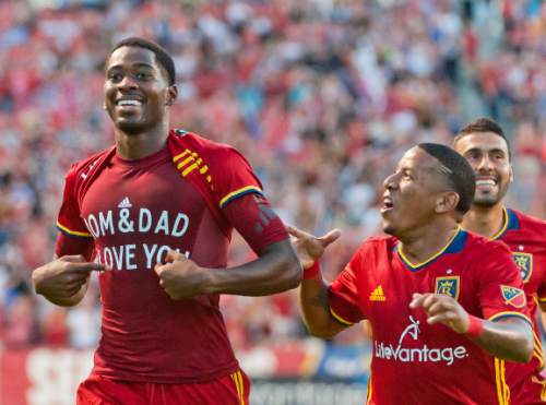Michael Mangum  |  Special to the Tribune

Real Salt Lake forward Olmes Garcia (80) celebrates his first-half goal with teammates Joao Plata, center, and Javier Morales, right, during their MLS match against the Chicago Fire at Rio Tinto Stadium in Sandy, Utah on Saturday, August 6th, 2016.