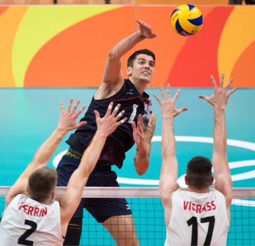 Rick Egan  |  The Salt Lake Tribune

Matthew Anderson (1)  hits the ball for the United States, in Men's Olympic volleyball action, United States vs. Canada, at Ginásio do Maracanãzinho, in Rio de Janeiro, Sunday, August 7, 2016.