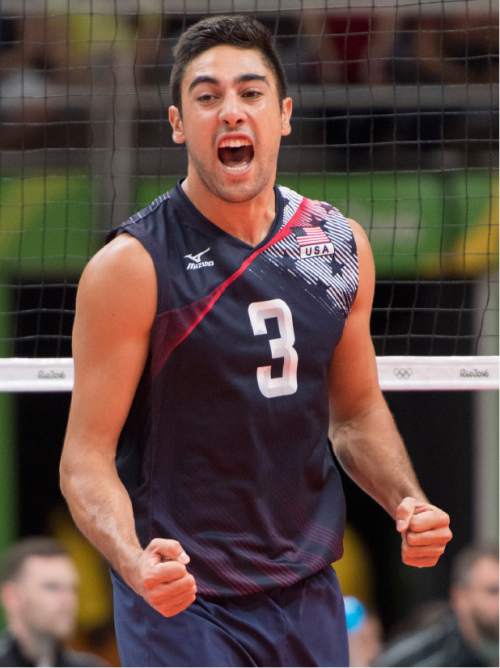 Rick Egan  |  The Salt Lake Tribune

Taylor Sander (3) of United States celebrates a big pain, as the United States plays Canada in mens volleyball at Ginásio do Maracanãzinho, in Rio de Janeiro, Sunday, August 7, 2016.