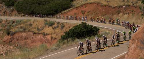 Leah Hogsten  |  The Salt Lake Tribune
The peloton snakes around East Canyon reservoir during Stage 6 of the Tour of Utah on Saturday, August 6, 2016 that took cyclists on a 114-mile ride with over 11,000 feet of climbing from Snowbasin Ski Resort to Snowbird.