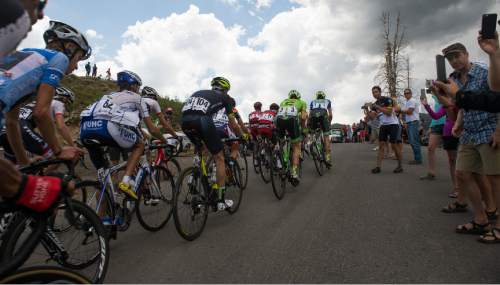 Leah Hogsten  |  The Salt Lake Tribune
Fans and enthusiasts cheer on the peloton as it climbs Guardsman's Pass during Stage 6 of the Tour of Utah on Saturday, August 6, 2016 that took cyclists on a 114-mile ride with over 11,000 feet of climbing from Snowbasin Ski Resort to Snowbird.